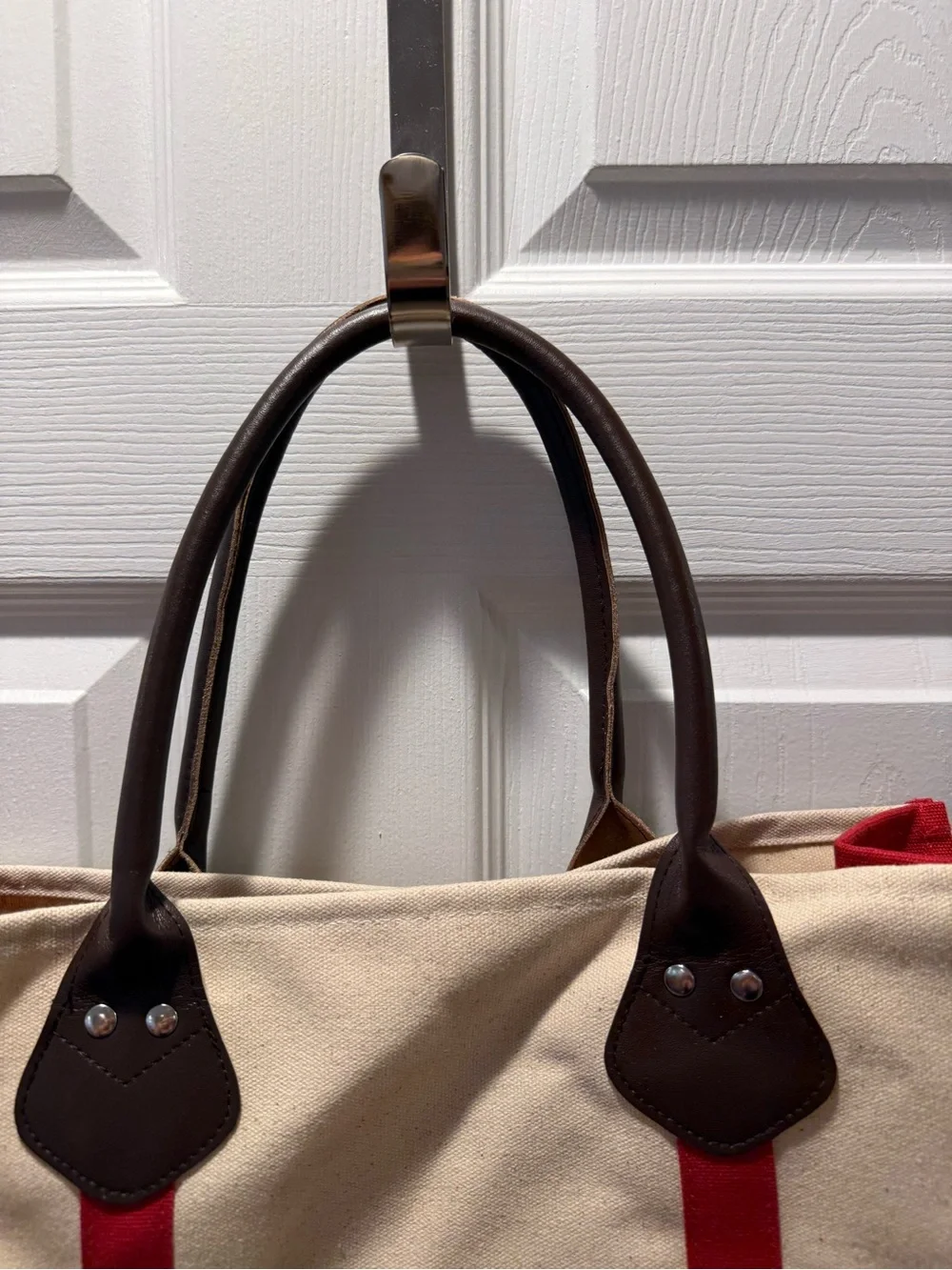 Canvas Tote Bag with Red Accent and Brown Handles